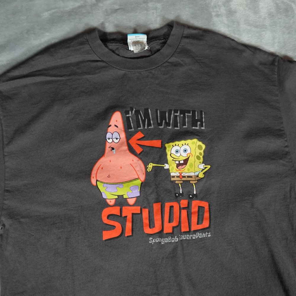 Vintage SpongeBob Im With Stupid T Shirt Mens 2XL Funny Gray 2002 Y2K - Picture 2 of 6